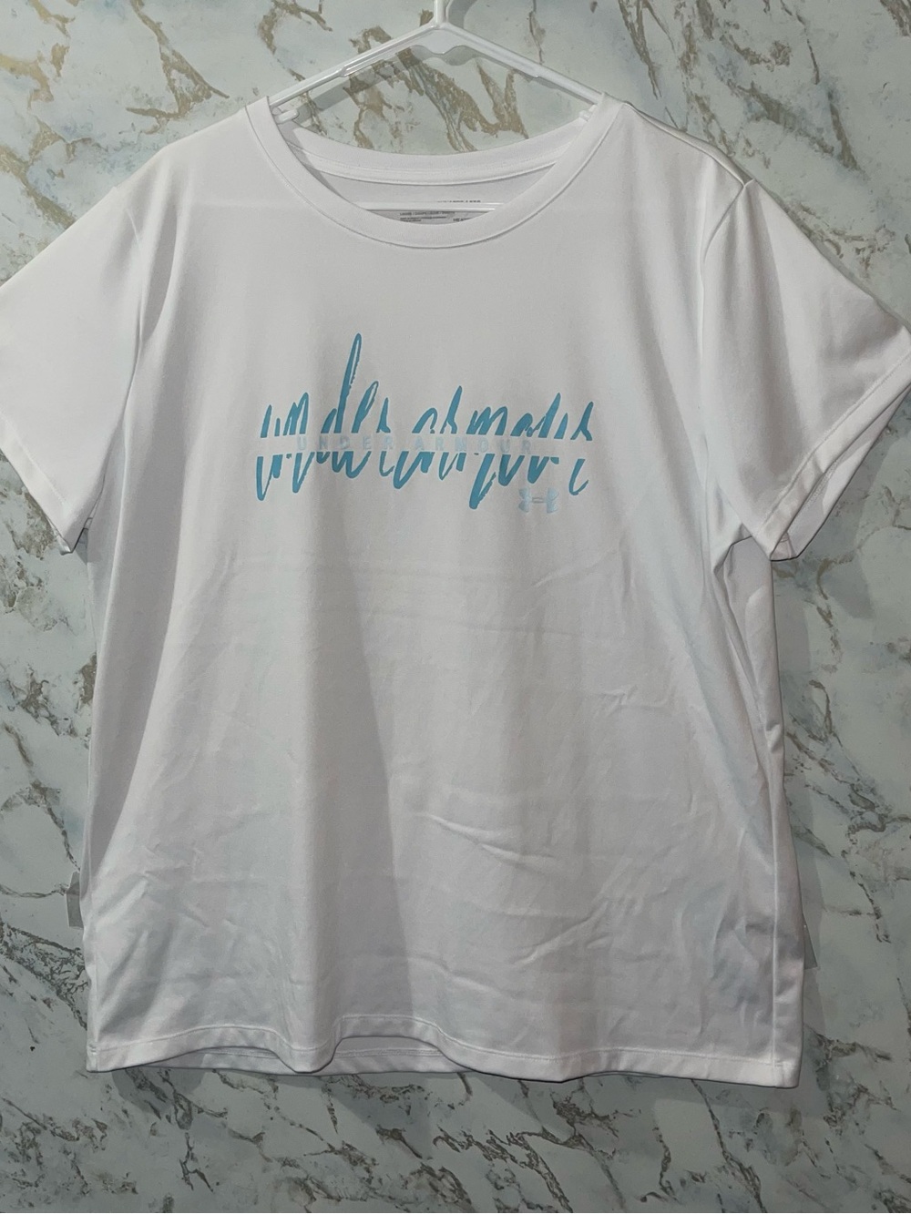 Under Armour White HeatGear Performance Tee with Blue Writing